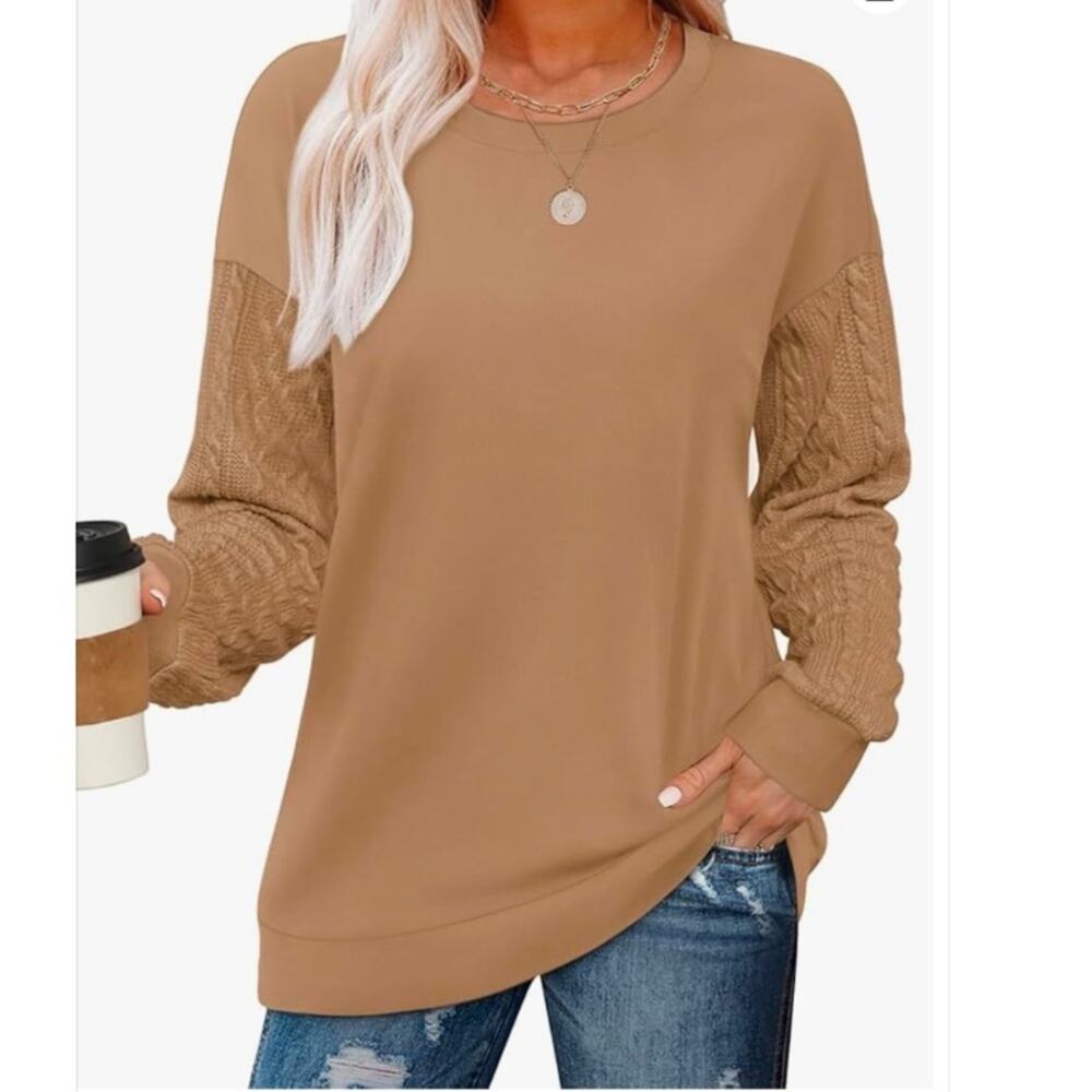 New OFEEFAN Crewneck Sweatshirts Cable Knit Sleeve Lightweight Toffee Women’s M